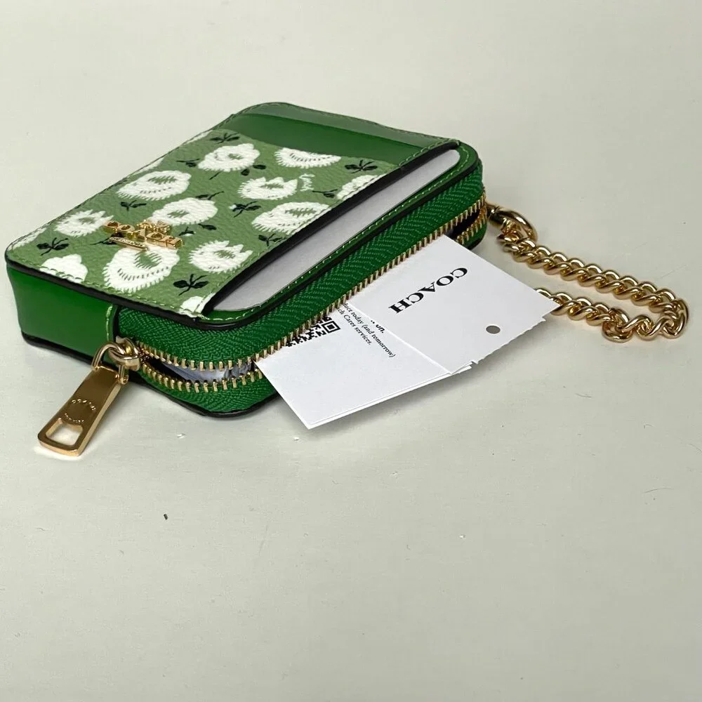 Coach Zip Card Case CBL79 Floral Print Kelly Green Multi Coated Canvas Chain - Picture 7 of 7